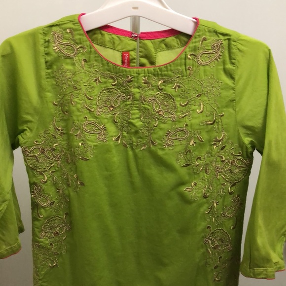 MINNIE MINORS 2 PC TUNIC/KURTI SET •LIME GREEN •GOLD EMBROIDERY & BEADS •Sz 9/10 - Picture 3 of 17